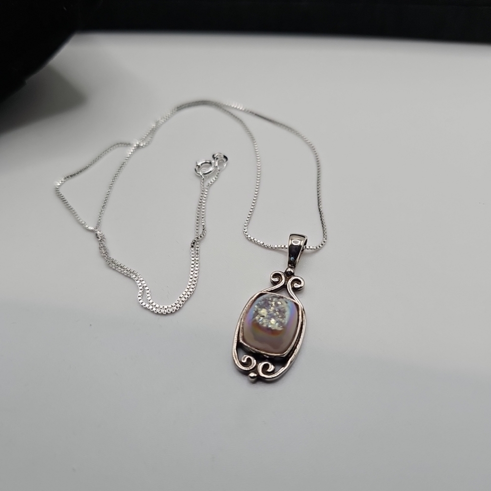 Sajen Pink Druzy Sterling Silver Pendant With 18" 925 Chain